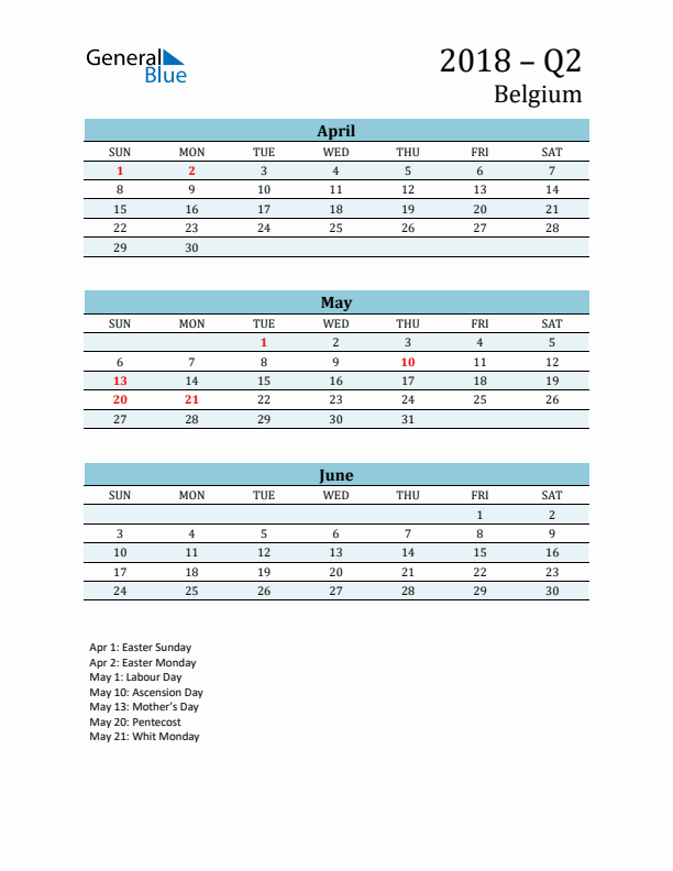 Three-Month Planner for Q2 2018 with Holidays - Belgium