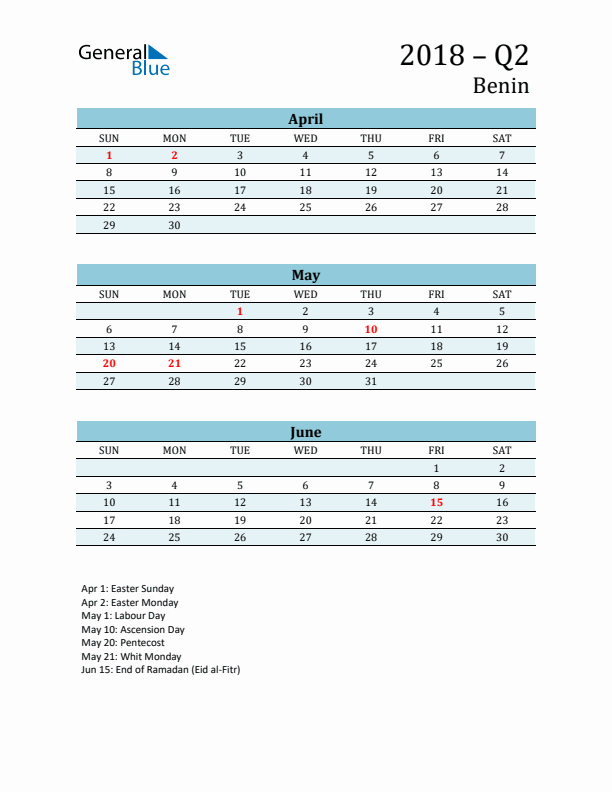 Three-Month Planner for Q2 2018 with Holidays - Benin