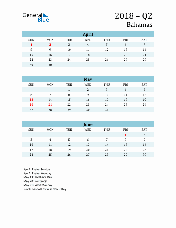 Three-Month Planner for Q2 2018 with Holidays - Bahamas