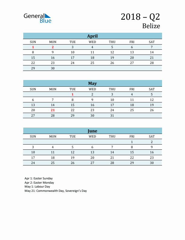 Three-Month Planner for Q2 2018 with Holidays - Belize