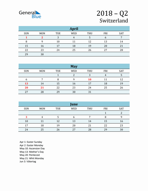 Three-Month Planner for Q2 2018 with Holidays - Switzerland
