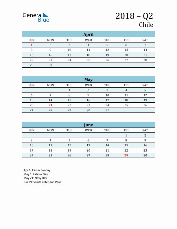Three-Month Planner for Q2 2018 with Holidays - Chile