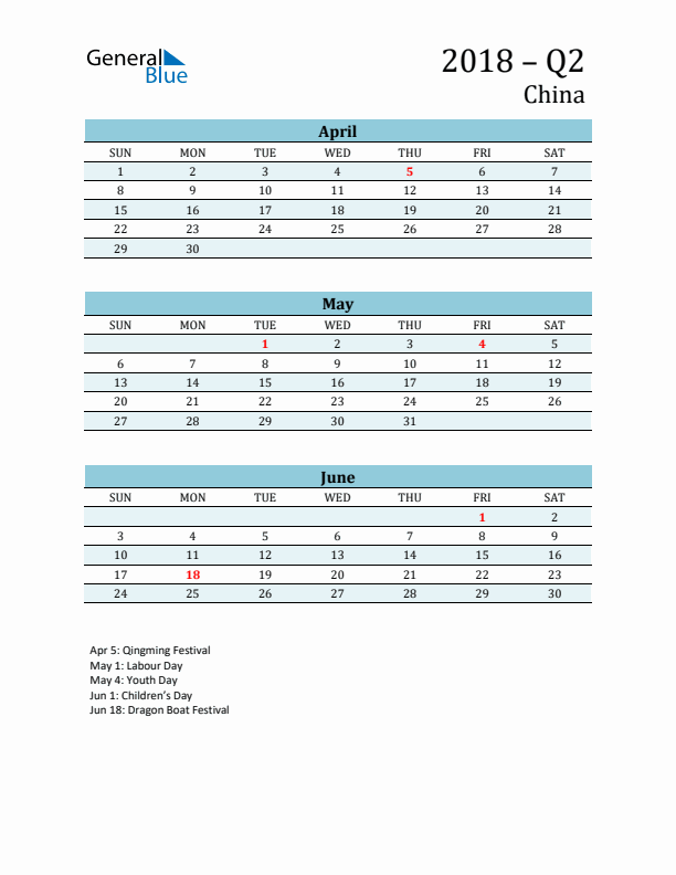 Three-Month Planner for Q2 2018 with Holidays - China