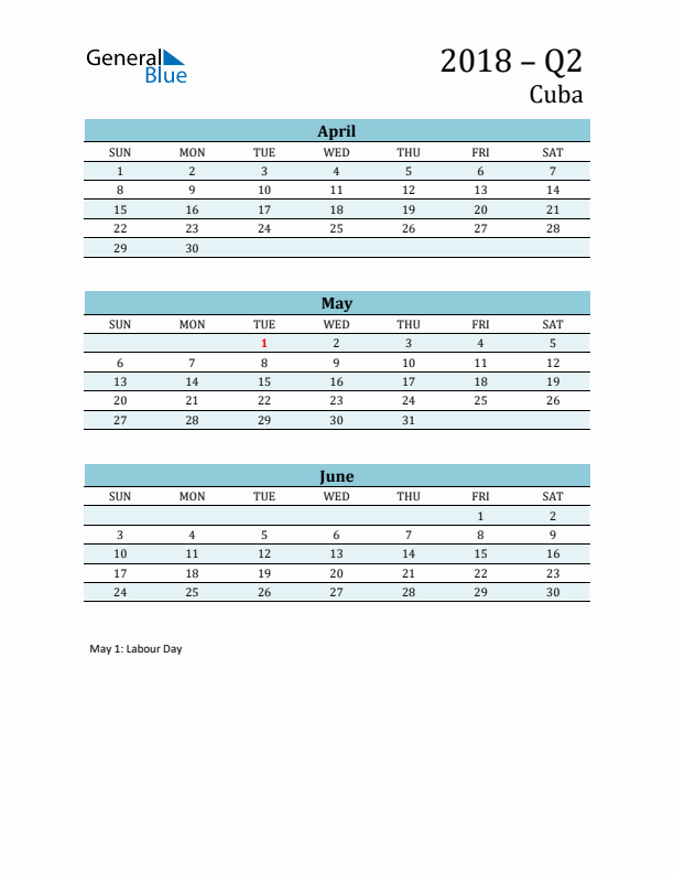 Three-Month Planner for Q2 2018 with Holidays - Cuba