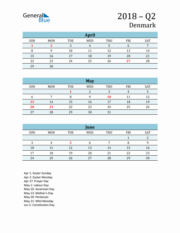 Three-Month Planner for Q2 2018 with Holidays - Denmark