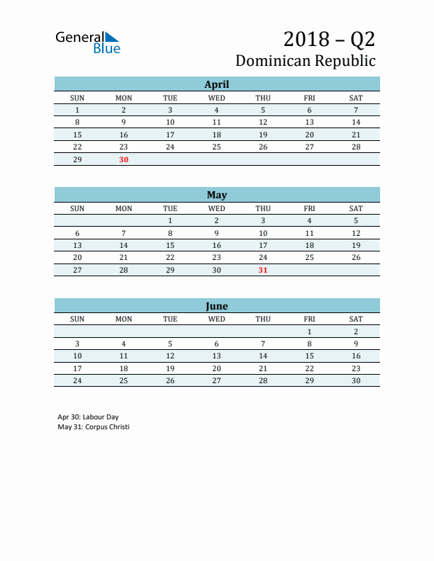 Three-Month Planner for Q2 2018 with Holidays - Dominican Republic