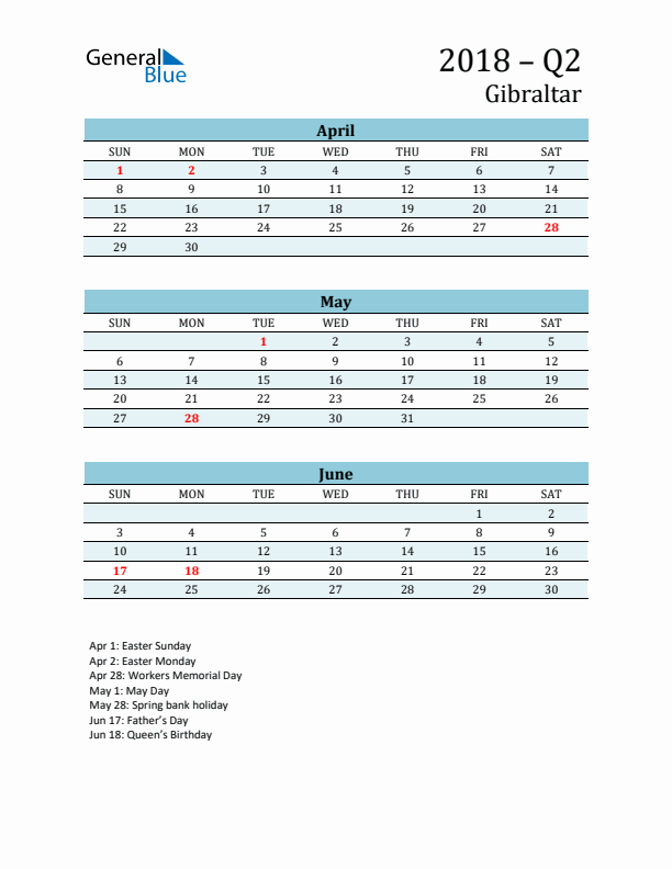 Three-Month Planner for Q2 2018 with Holidays - Gibraltar