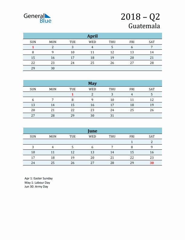 Three-Month Planner for Q2 2018 with Holidays - Guatemala