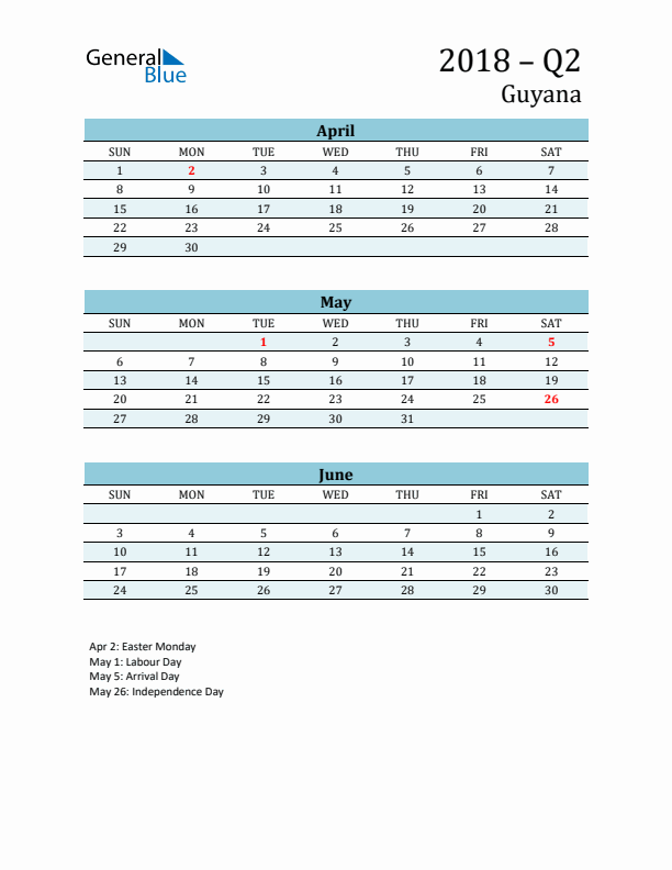 Three-Month Planner for Q2 2018 with Holidays - Guyana