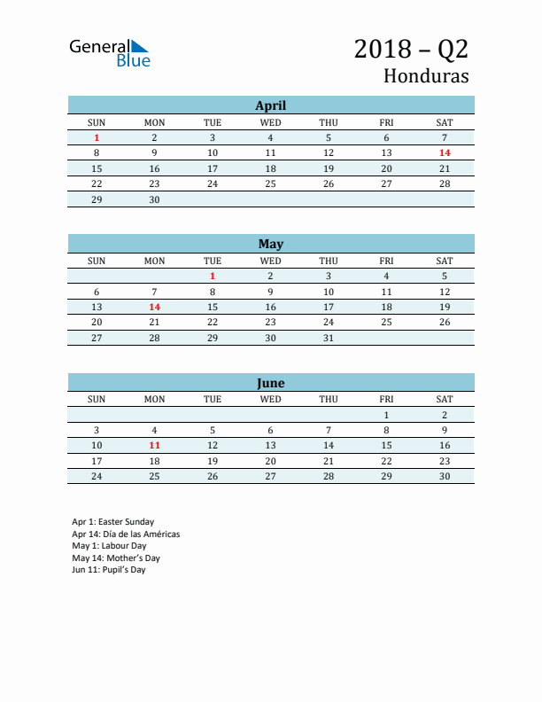 Three-Month Planner for Q2 2018 with Holidays - Honduras