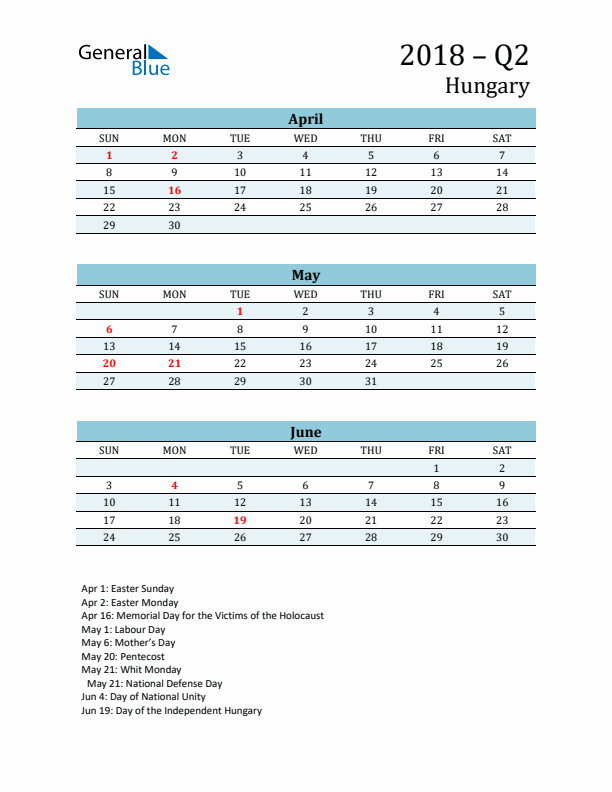 Three-Month Planner for Q2 2018 with Holidays - Hungary