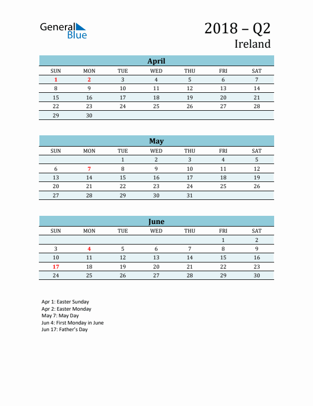 Three-Month Planner for Q2 2018 with Holidays - Ireland