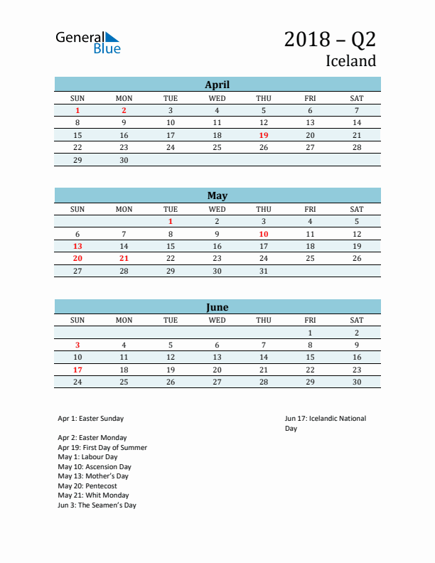 Three-Month Planner for Q2 2018 with Holidays - Iceland