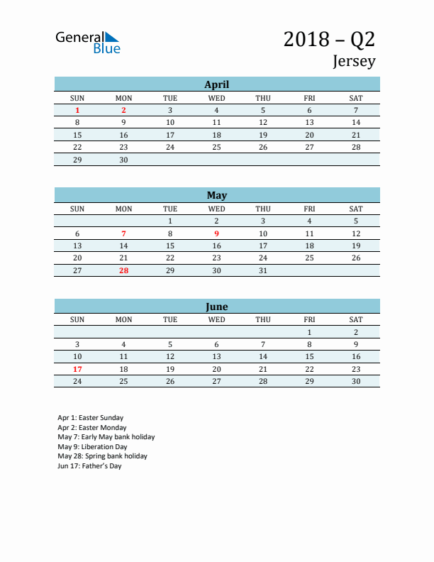 Three-Month Planner for Q2 2018 with Holidays - Jersey