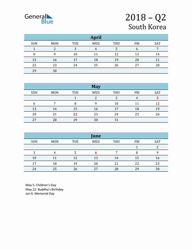 Three-Month Planner for Q2 2018 with Holidays - South Korea