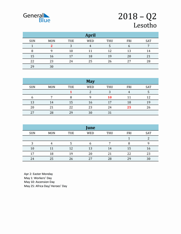 Three-Month Planner for Q2 2018 with Holidays - Lesotho