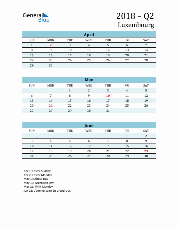 Three-Month Planner for Q2 2018 with Holidays - Luxembourg