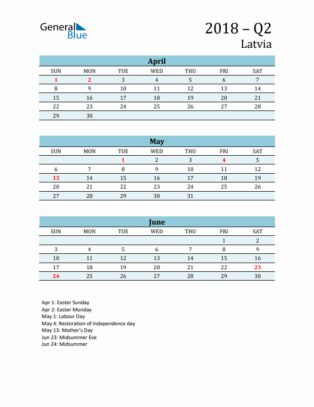 Three-Month Planner for Q2 2018 with Holidays - Latvia