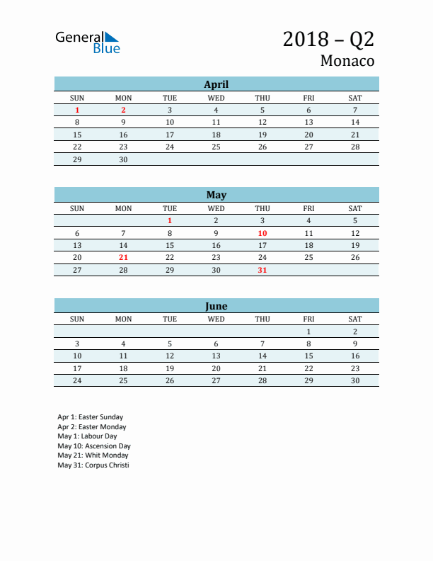 Three-Month Planner for Q2 2018 with Holidays - Monaco