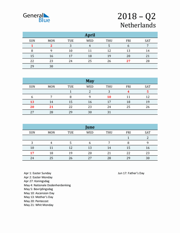 Three-Month Planner for Q2 2018 with Holidays - The Netherlands