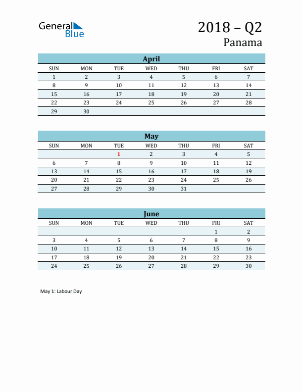 Three-Month Planner for Q2 2018 with Holidays - Panama