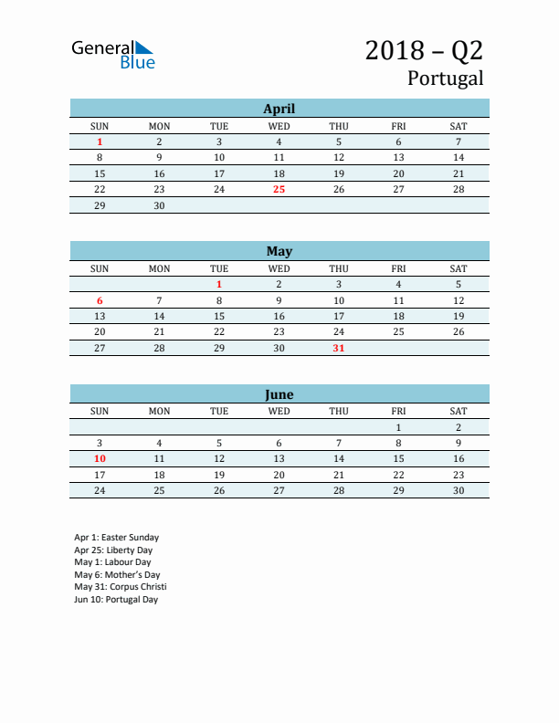 Three-Month Planner for Q2 2018 with Holidays - Portugal