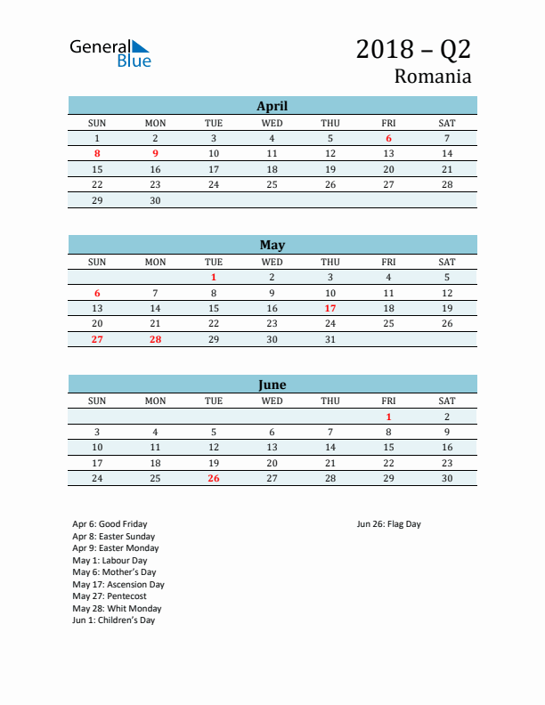 Three-Month Planner for Q2 2018 with Holidays - Romania