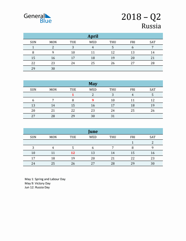 Three-Month Planner for Q2 2018 with Holidays - Russia