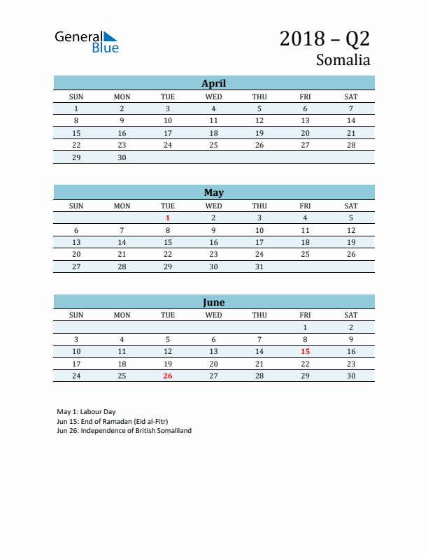 Three-Month Planner for Q2 2018 with Holidays - Somalia