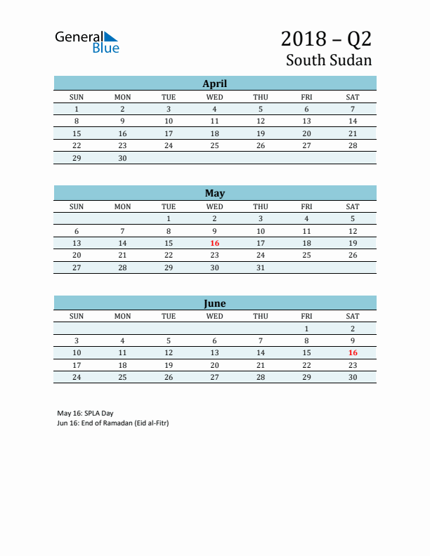 Three-Month Planner for Q2 2018 with Holidays - South Sudan