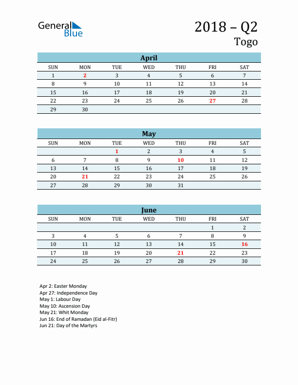 Three-Month Planner for Q2 2018 with Holidays - Togo