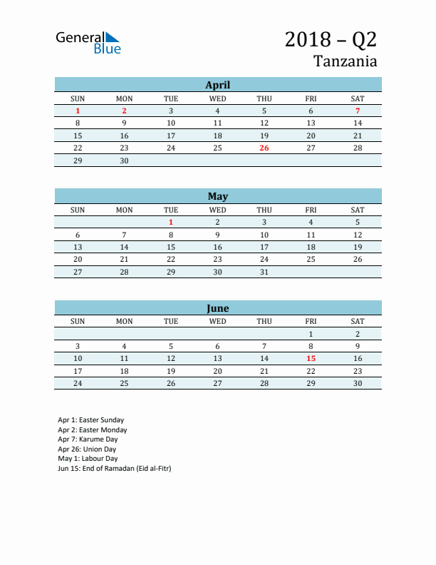 Three-Month Planner for Q2 2018 with Holidays - Tanzania
