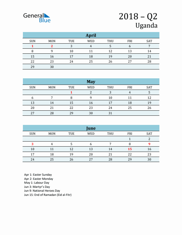 Three-Month Planner for Q2 2018 with Holidays - Uganda
