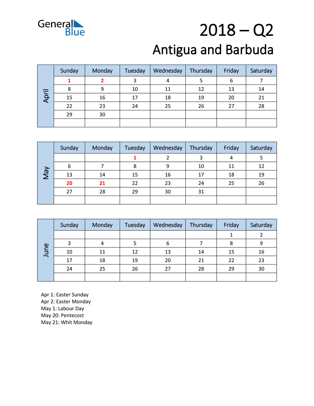  Free Q2 2018 Calendar for Antigua and Barbuda