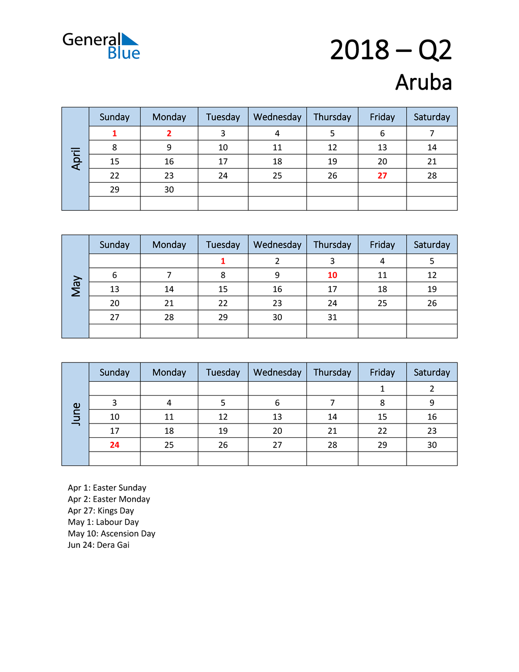  Free Q2 2018 Calendar for Aruba