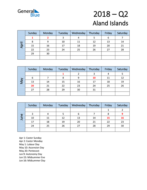  Free Q2 2018 Calendar for Aland Islands