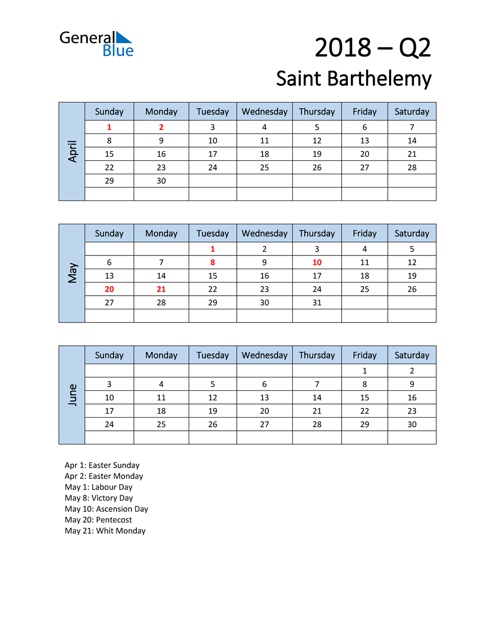  Free Q2 2018 Calendar for Saint Barthelemy