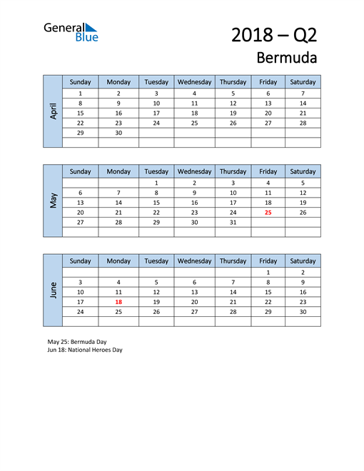  Free Q2 2018 Calendar for Bermuda