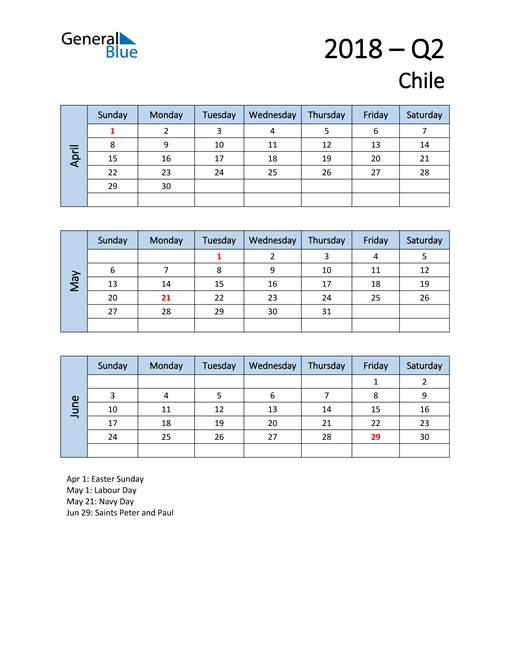  Free Q2 2018 Calendar for Chile
