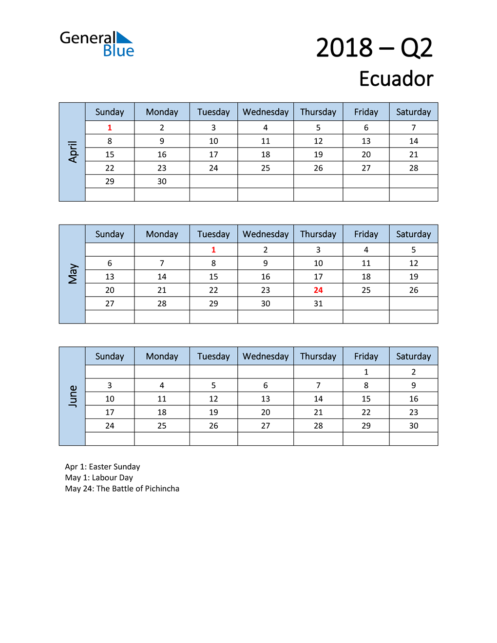  Free Q2 2018 Calendar for Ecuador