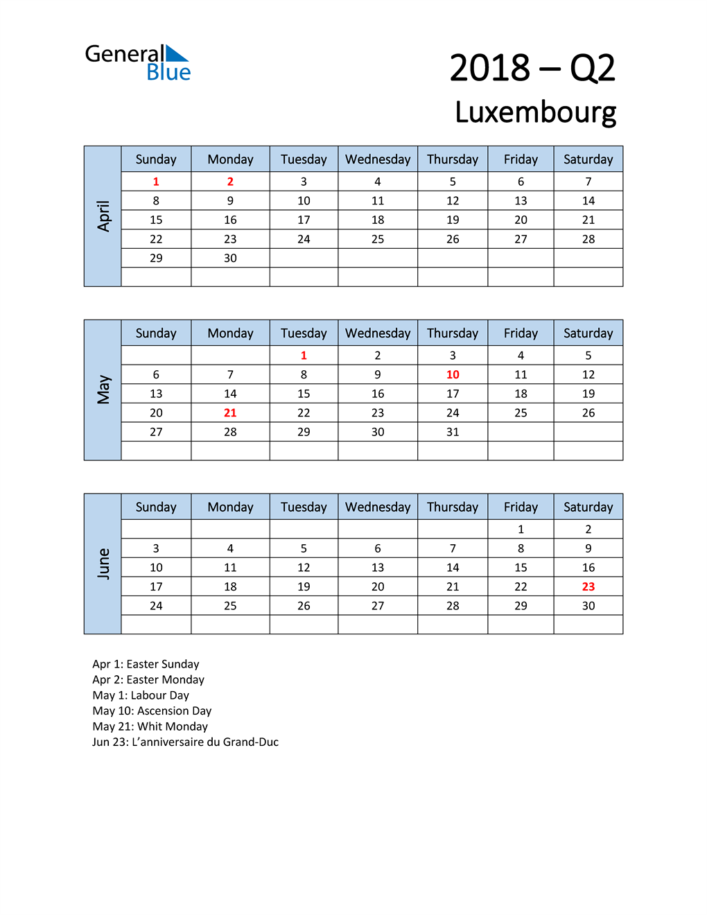  Free Q2 2018 Calendar for Luxembourg