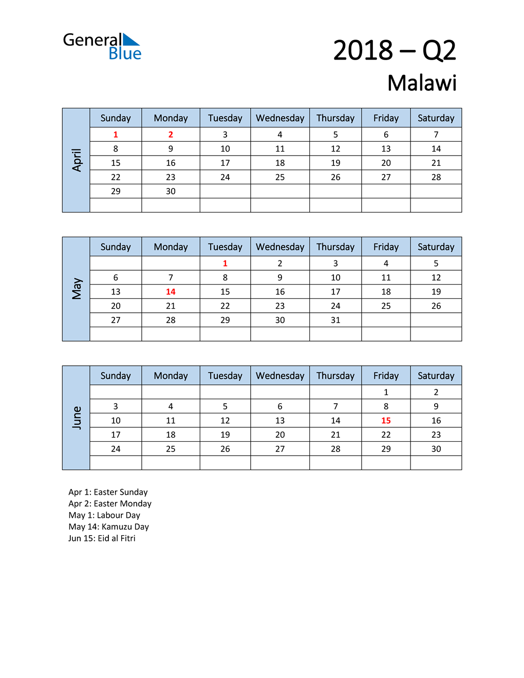 Free Q2 2018 Calendar for Malawi
