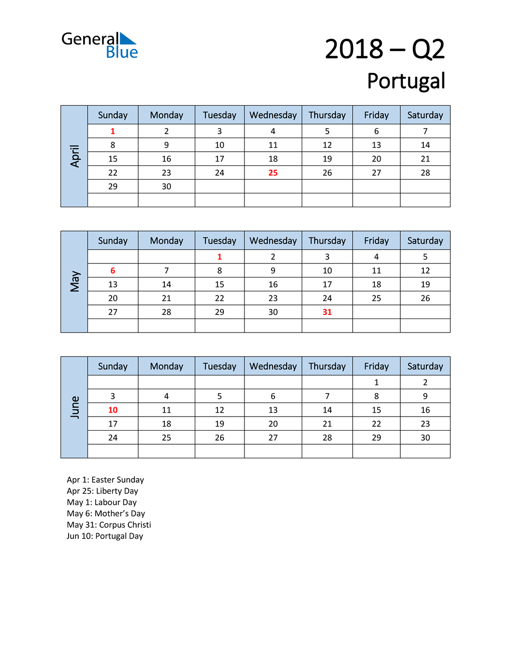  Free Q2 2018 Calendar for Portugal