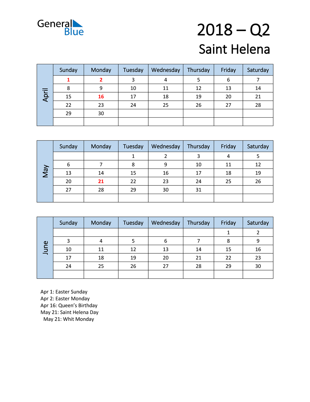  Free Q2 2018 Calendar for Saint Helena