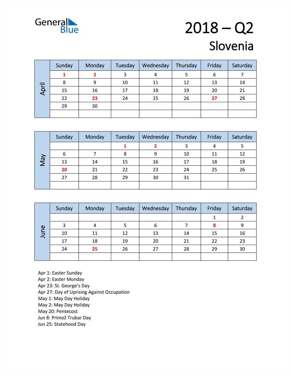  Free Q2 2018 Calendar for Slovenia
