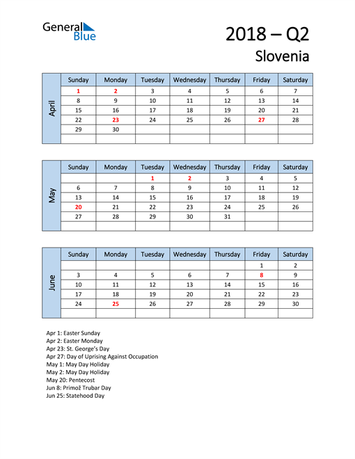  Free Q2 2018 Calendar for Slovenia