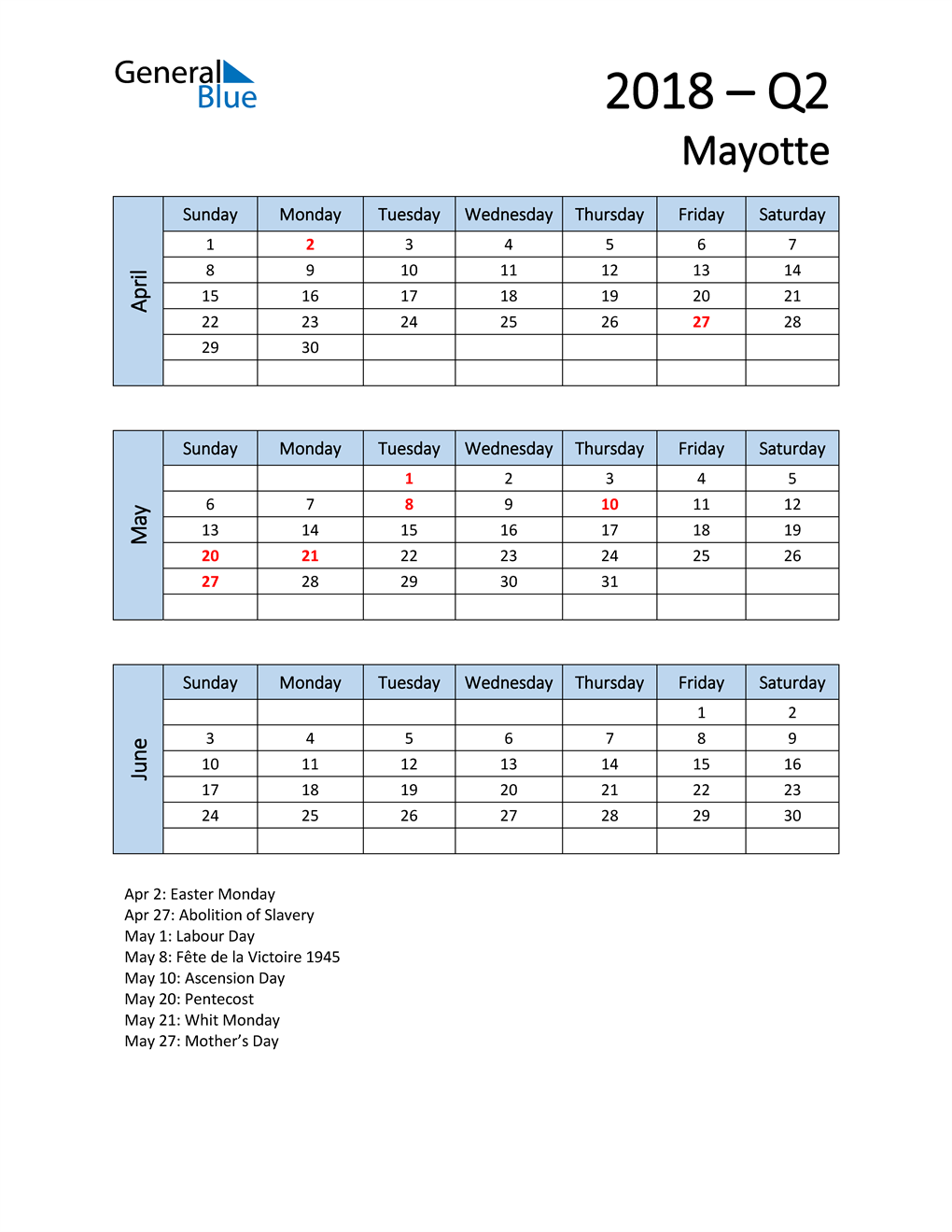  Free Q2 2018 Calendar for Mayotte