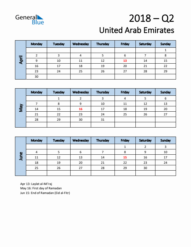 Free Q2 2018 Calendar for United Arab Emirates - Monday Start