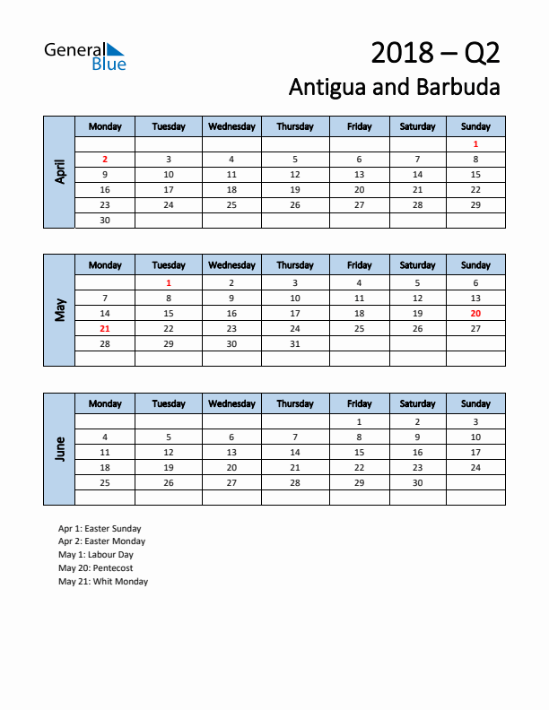 Free Q2 2018 Calendar for Antigua and Barbuda - Monday Start