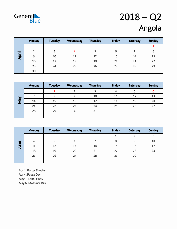 Free Q2 2018 Calendar for Angola - Monday Start